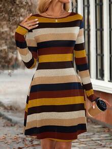 EMERY ROSE Women's Casual Colorblock Striped Mini Dress,Golden Yellow Autumn Long Sleeve Earth Tone Outfits,90s Retro School Back-To-School Halloween Costume - Multicolor - View 4