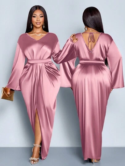 SOLERSUN Plus Size Spring And Autumn New Style Bright Surface Fabric V-Neck Pleated Waist Long Sleeve Slit Tie Bow Long Dress Elegant Office Birthday Party Ball Sexy Playful Cocktail Wedding Season Concert Dress Fashion Women's Clothing