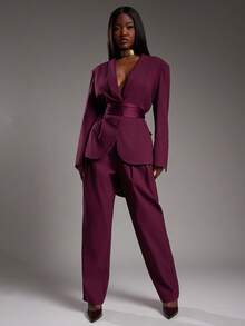 NYA SZN Lydia 夹克式西装外套，宽松版型，纽扣开襟，深V领，简约复古，商务休闲，日常休闲，适合教堂、办公室、教师、返校季、秋冬季，也适合通勤穿着，女士必备单品。 - 紅色 - 查看 4