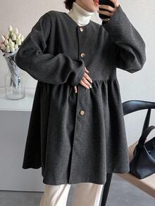 FRIFUL Áo khoác nữ cổ tròn, vạt rộng, xếp ly, phối nhiều lớp, trang trí cúc kim loại, kiểu dáng thường ngày, áo khoác mùa đông nữ. - Xám - Xem 4