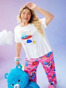 Slumberry CURVE SweetSlumber X Carebears Bộ đồ ngủ tay ngắn cổ tròn in hình gấu hoạt hình dễ thương cỡ lớn mùa hè cho nữ - Nhiều màu - Xem 4