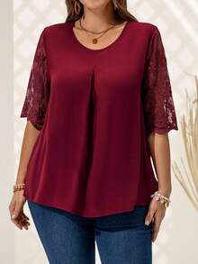 EMERY ROSE Blusa elegante holgada con cuello redondo y encaje de contraste, para verano, tallas grandes, estilo bohemio para mujeres - Burdeos - Ver 6