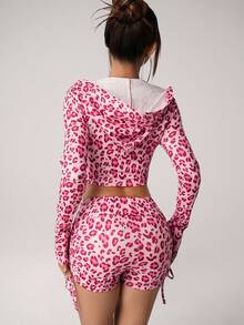SHEIN ICON 2pcs/Set Women Fall/Winter Heart & Leopard Print Hoodie Top And Drawstring Waist Shorts - Pink - View 2
