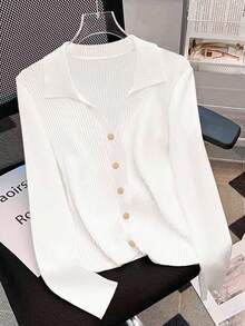 Franclia Women's Button Design White Casual Long Sleeve T-Shirt - White - View 1