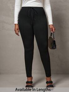 SHEIN Tall CURVE سراويل ضيقة بلون أحادي من الأنسجة المحبوكة المرنة، مناسبة للخريف والشتاء - الأسود - مشاهدة 8
