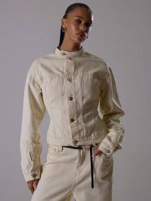 MUSERA 赛车领纽扣修身收腰落肩牛仔夹克，优雅夜生活性感可爱酷女孩街头风，冬季派对时尚之选。 - 杏色 - 查看 2