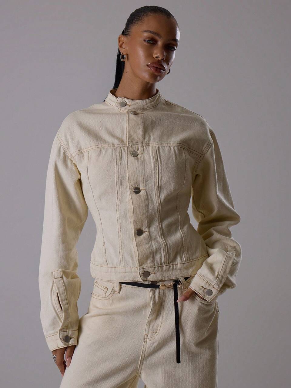 Off-White Racer Neck Button Down Structured Cinched Drop Shoulder Denim Jacket,Everyday Autumn Streetwear For Cute Night Out Party Chic Winter
