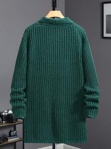 Manfinity Homme 男式纯色落肩长袖针织休闲开衫，带口袋，秋冬 - 墨綠色 - 查看 2