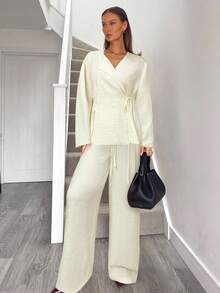 Siren Gaze 情人节和新年女士西装外套、套装、西服套装、办公室女装、商务女装、两件套秋装、情侣装、衬衫套装、秋装、家庭睡衣套装、新年女装 - 米色 - 查看 3