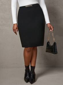 SHEIN Tall CURVE Gerade Röcke mit Ketten-Detail, Bürooutfits für Frauen - Schwarz - Übersicht 3