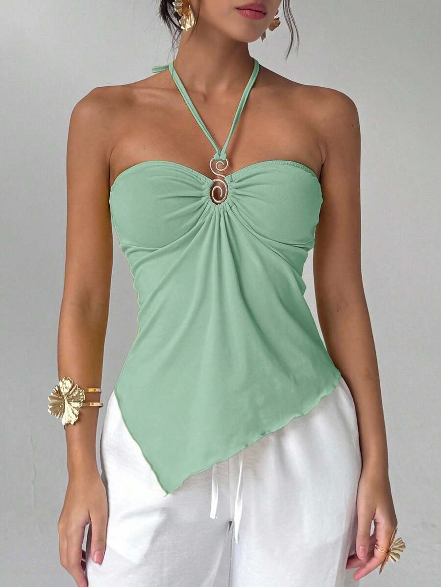 Aloruh 女式 Y2K 纯色不对称下摆时尚露背吊带背心 - 淺藍色 - 查看 1