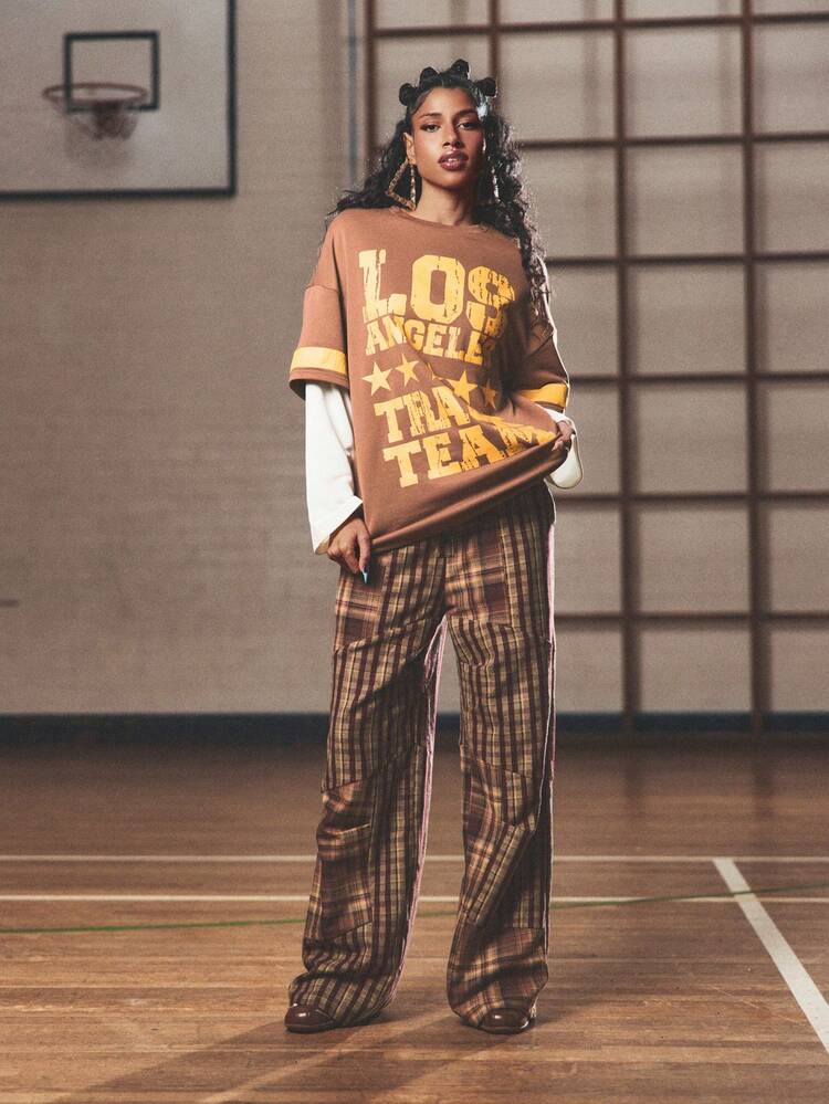 SUMWON WOMEN Plaid Patchwork Palazzo Pants With Button Front