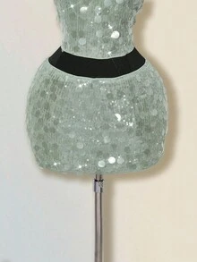 SHEIN ICON Váy khiêu vũ dự tiệc cá nhân phong cách thiên niên kỷ Y2K đơn giản cổ điển lớn đính sequin thời trang hiện đại dành cho nữ Áo ống ôm sát Chân váy ngắn cạp thấp hông Bộ đồ màu xanh lá cây - màu xanh lá - Xem 4