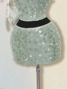 SHEIN ICON Váy khiêu vũ dự tiệc cá nhân phong cách thiên niên kỷ Y2K đơn giản cổ điển lớn đính sequin thời trang hiện đại dành cho nữ Áo ống ôm sát Chân váy ngắn cạp thấp hông Bộ đồ màu xanh lá cây - màu xanh lá - Xem 8