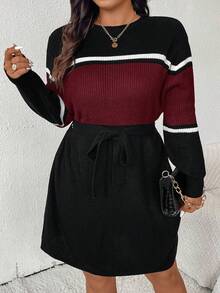 SHEIN Frenchy Váy len dệt kim sọc ngang vai dài tay cổ tròn cỡ lớn cho nữ, mùa thu - Màu Đỏ Sâu - Xem 4