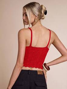 SHEIN BAE Canotta corta aderente in maglia con perle finte, adatta per l'autunno/inverno - Rosso - Visualizzare 2
