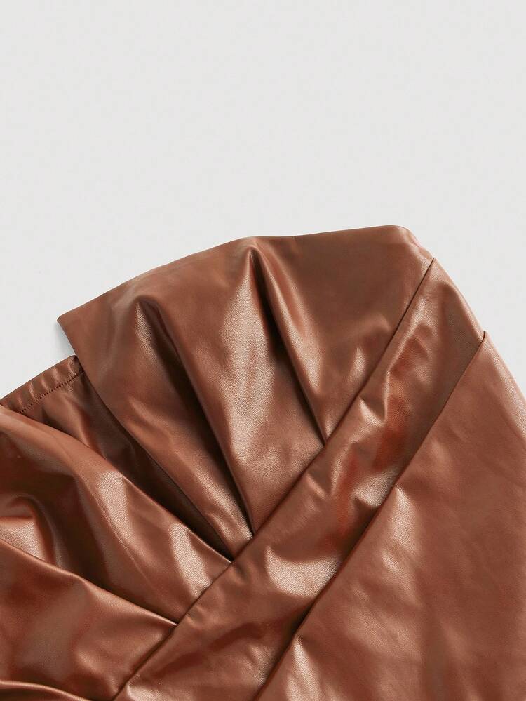 Tops de Ombro Bodycon Assimétricos de Couro Sintético (PU) Elegantes para Mulheres, Adequados para o Cotidiano, Transporte, Encontros e Halloween, Natal - Castanho - Visão 3