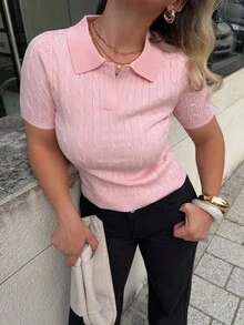Jeta Ari Casual Twist Rope Polo Collar Solid Color Short Sleeve Knit Top - Pink - View 3