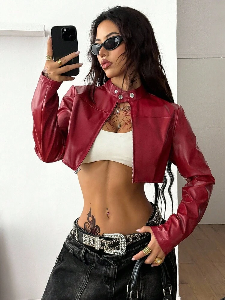 SHEIN Coolane Women's Fall/Winter Streetwear Rave Hippie Athleisure Y2K Basic Leather Comfortable Zip Up Burgundy Slim Fit Crop Long Sleeve Jacket, - Red - View 3
