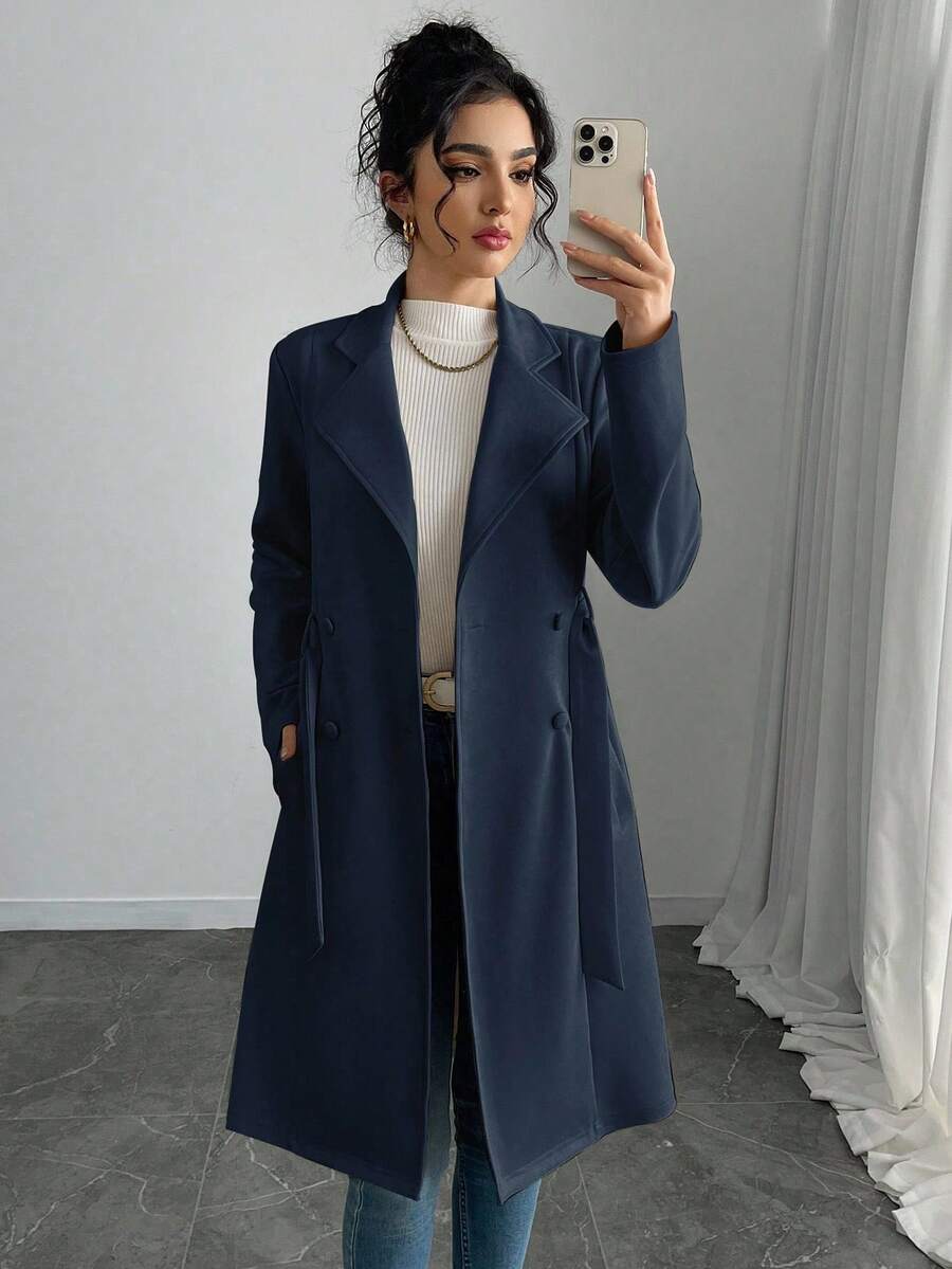 Rafferiza Women's Solid Color Faux Suede Double-Breasted Side Pocket Regular Jacket - Navy Blue - View 1