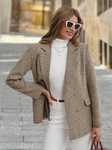 Solivie 女士秋冬格纹复古西装外套 - 卡其色 - 查看 4