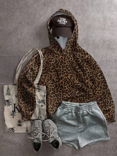 Attitoon Sudadera casual clásica con estampado de leopardo para mujer, estilo Y2K, ropa urbana, vintage, de vuelta a la escuela, retro, ropa de mujer para otoño e invierno, vacaciones, atuendos casuales de mujer, atuendos de maestras, estampado animal, estampado de guepardo, estampado de leopardo