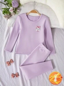 1 套年轻女孩打底衫，紫色活力印花弹力柔软面料长袖上衣和裤子舒适搭配服装，可机洗（1 套单独出售）