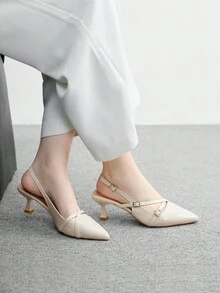 CUCCOO BIZCHIC 女士尖头小猫跟交叉带一脚蹬高跟鞋，米色，适合日常穿着和通勤 - 糯米白色 - 查看 5