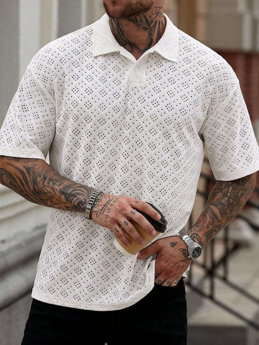 Manfinity Homme 男士休闲纯色提花 Polo 衫，夏季男士钩针 Polo 衫男士蕾丝 Polo 衫男士孔眼 Polo 衫 - 杏色 - 查看 1