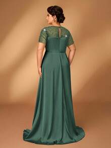 SHEIN Belle Đầm ngắn tay xếp ly dáng đuôi cá phối ren màu sâm panh sang trọng, đính đá lấp lánh, dành cho nữ cỡ lớn, thích hợp cho dạ hội, tiệc độc thân, hẹn hò, lễ hội âm nhạc, kỳ nghỉ, đám cưới, váy cho mẹ cô dâu, ngày Valentine. - Màu xanh lá cây đậm - Xem 2