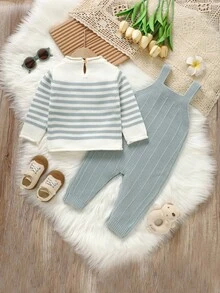 2 件婴儿针织套装：条纹圆领长袖毛衣 + 带吊带的连体裤 - 淺藍色 - 查看 3
