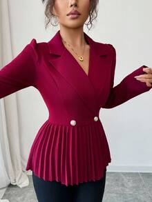 Elenzga Áo sơ mi tay dài cổ bẻ cổ điển, viền bèo nhún hai hàng khuy, phù hợp mặc hàng ngày nơi công sở, ngày lễ, hẹn hò, mùa thu/đông - Màu Đỏ Sâu - Xem 6