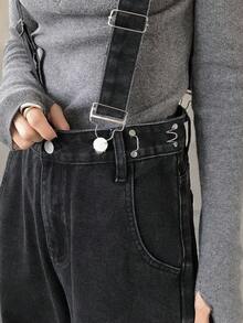 FRIFUL Women's Casual Denim Bib Pants With Pockets - Black - View 7