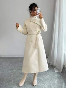 Elenzga 女士时尚百搭纯色双排扣大衣，秋冬 - 杏色 - 查看 4