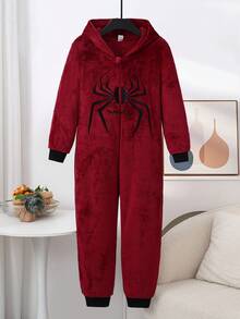 Boys Burgundy Spider Graphic Hooded Long Sleeve One-Piece Pajamas With Zipper Warm And Cozy Sleepwear For Kids Fall Winter - Burgundy - View 5