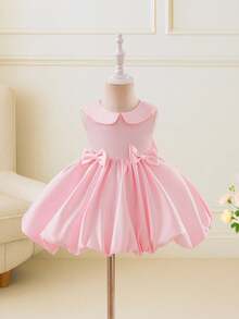 Glamorique Kids Vestido de satén rosa brillante para niña, vestido de niña con cuello Peter Pan, falda de pompones sin mangas con decoración de lazo, vestido de niña de las flores para boda, fiesta de cumpleaños, banquete de otoño e invierno - Rosa - Ver 3