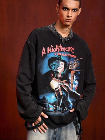 A Nightmare on Elm Street X ROMWE Camiseta de manga larga con cuello redondo con gráfico de letras y números para hombre