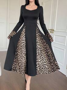 DAZY Women's Elegant Animal Print Patchwork Ruffle Sleeve Mid-Length Dress, Autumn Leopard Print Dress - Black - View 4