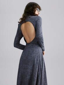 Airlisse Autumn/Winter High Neck Tie-Dye Effect Hollow Back Long Sleeve A-Line Dress For Women - Grey - View 1