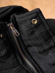 Manfinity Roghcode 男士纯色连帽休闲保暖绗缝棉服外套，格纹图案，冬季，秋季 - 黑色 - 查看 4