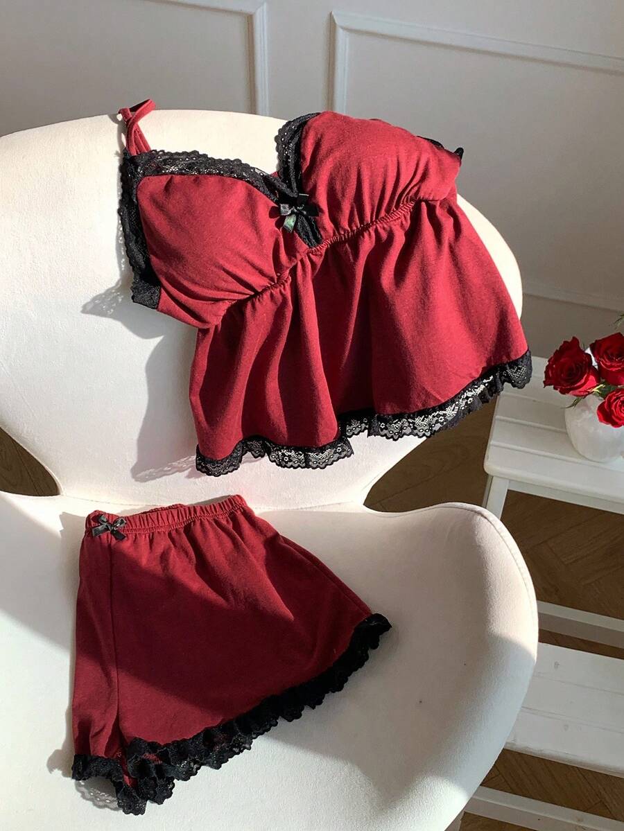 Comfortcana Conjunto de 2 peças de camisola de malha com sutiã acolchoado e shorts para uso doméstico - Borgonha - Ver 1