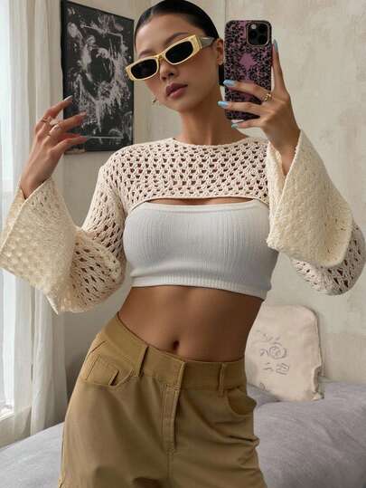 SHEIN Jersey corto transparente sin camiseta interior con mangas de trompeta calado para niñas adolescentes