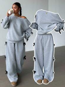 SHEIN 青少年女孩休闲日常时尚斜肩侧蝴蝶结直筒裤套装 - 灰色 - 查看 1