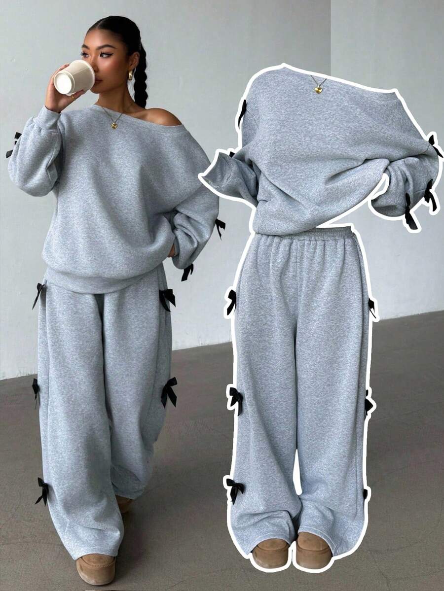 SHEIN 青少年女孩休闲日常时尚斜肩侧蝴蝶结直筒裤套装 - 灰色 - 查看 1