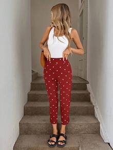 SHEIN LUNE New Black & White Polka Dot Print Pants With Pockets And Slit Hem, 3/4 Length - Red - View 5
