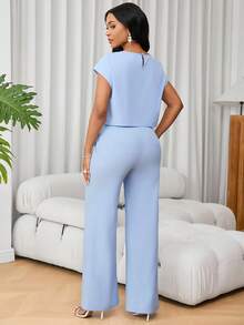 Lunelith SHEIN Lunessa 2 件女式套装：法式圆领短袖休闲上衣和高腰阔腿裤 - 藍色 - 查看 2