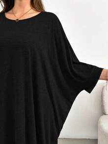 SHEIN Essnce 大码女装春夏时尚休闲宽松舒适日常基本款修身灰色七分袖长裙，简约风格，大码连衣裙，教堂连衣裙女装，外出装 - 黑色 - 查看 6