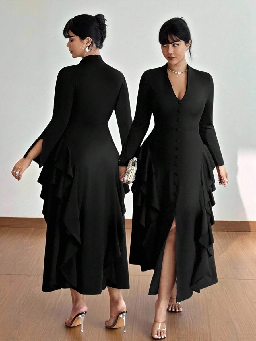 Viva Relle Váy maxi dài màu trơn cổ chữ V xếp nếp nhiều lớp cài nút thanh lịch, thiết kế tinh tế, không thể thiếu cho trang phục dự tiệc & sang trọng, cỡ lớn, thu/đông - màu đen - Xem 1