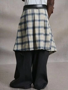 PAVTROS Manfinity Streetrush 男士拼接阔腿裤，可拆卸二合一格子系带设计，纽扣开合，秋冬街头服饰，万圣节服装，INS 街头服饰，男装，男士运动裤，中性风格，说唱歌手服装，男朋友礼物 - 黑色 - 查看 2