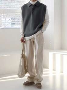 Claim Dot Casual Versatile Loose Solid Color Men Sweater Vests, Fall Winter - Dark Grey - View 3